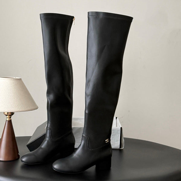 CC 26s Chunky Heel Elastic Boots 5cm Black Leather 969719
