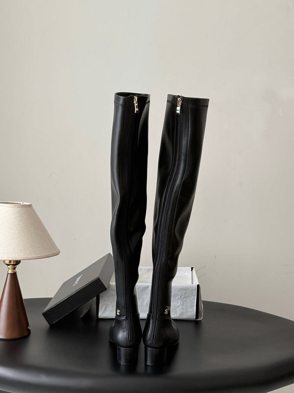 CC 26s Chunky Heel Elastic Boots 5cm Black Leather 969719