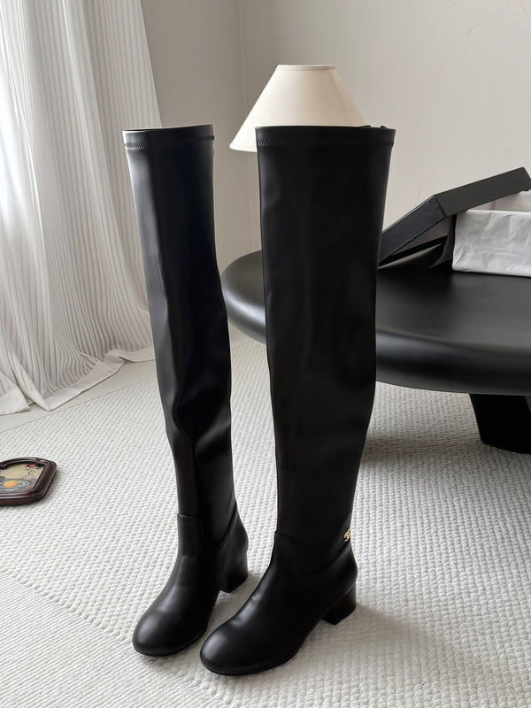CC 26s Chunky Heel Elastic Boots 5cm Black Leather 969719