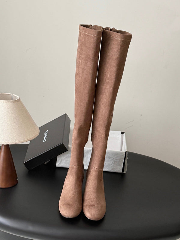 CC 26s Chunky Heel Elastic Boots 5cm Brown Suede 969721
