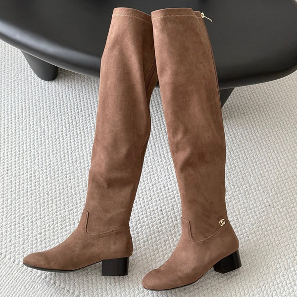 CC 26s Chunky Heel Elastic Boots 5cm Brown Suede 969721