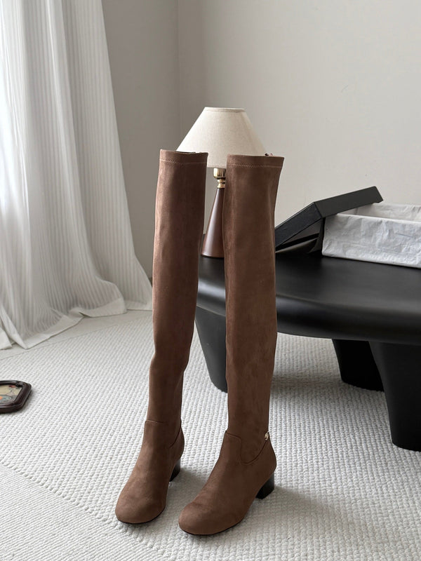 CC 26s Chunky Heel Elastic Boots 5cm Brown Suede 969721