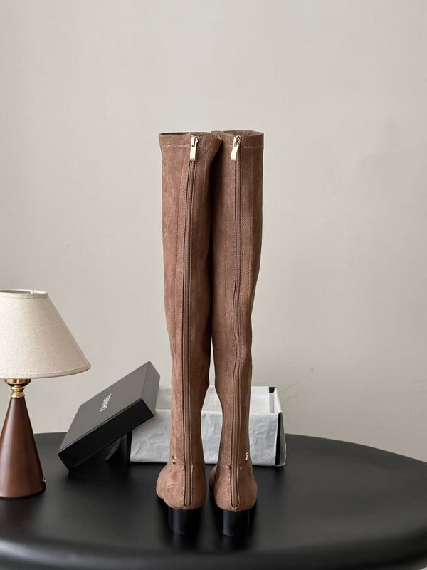 CC 26s Chunky Heel Elastic Boots 5cm Brown Suede 969721