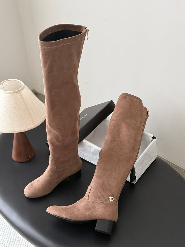 CC 26s Chunky Heel Elastic Boots 5cm Brown Suede 969721