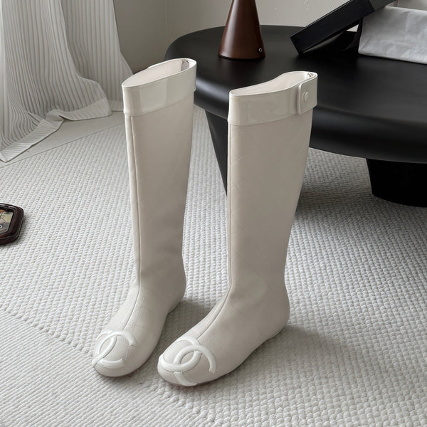 CC 26s Cambon Quilted Tall Flat Boots Ivory White Calfskin 969725