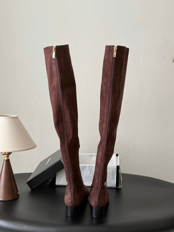 CC 26s Chunky Heel Elastic Boots 5cm Coffee Suede 969722