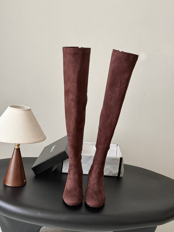 CC 26s Chunky Heel Elastic Boots 5cm Coffee Suede 969722