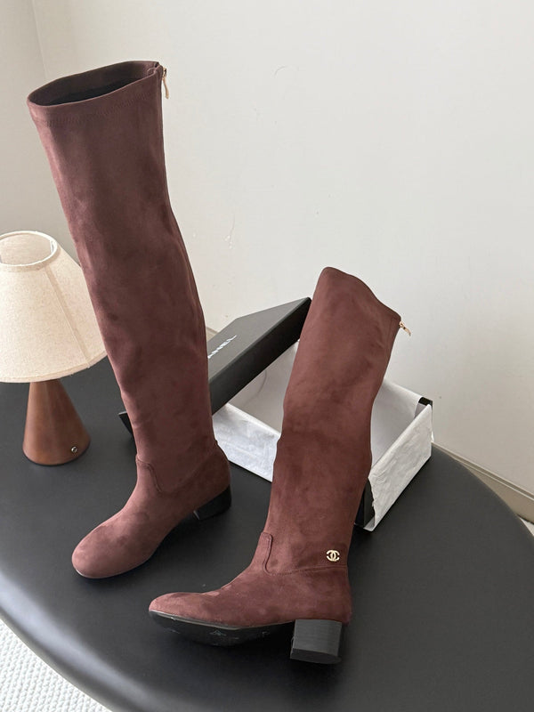 CC 26s Chunky Heel Elastic Boots 5cm Coffee Suede 969722