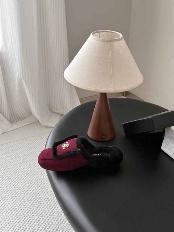 CC 26s Slip-On Mules Burgundy Black Fluffy Shearling Suede 969727