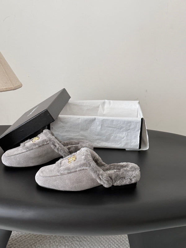 CC 26s Slip-On Mules Light Grey Fluffy Shearling Suede 969728