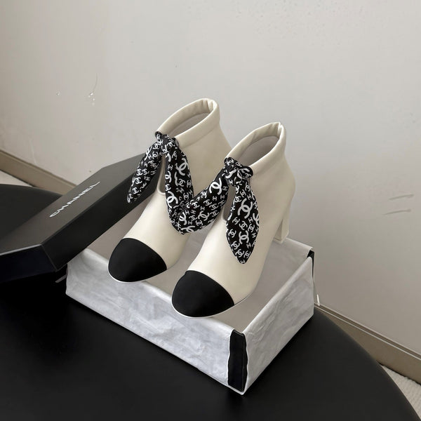 CC 26s Silk Scarf Ankle Boots White Black Leather Grosgrain 127894