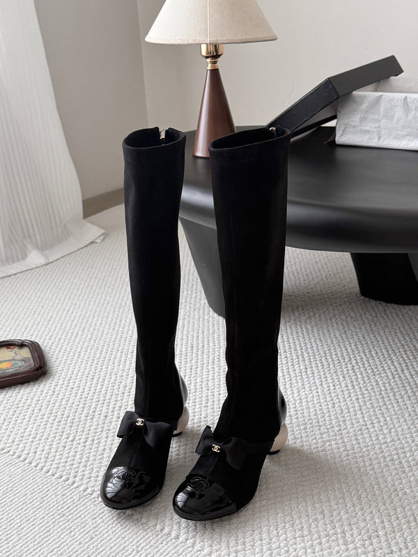 CC 26s Pearl Heel Knee High Boots Black Suede Patent Leather 127955