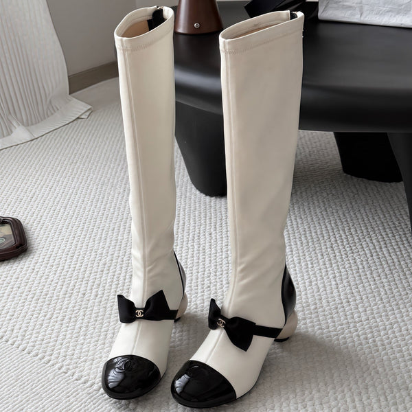 CC 26s Pearl Heel Knee High Boots White Black Leather Patent 127957