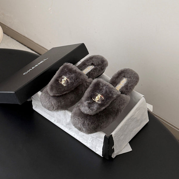CC 26s Mules Grey Gold Shearling 127706