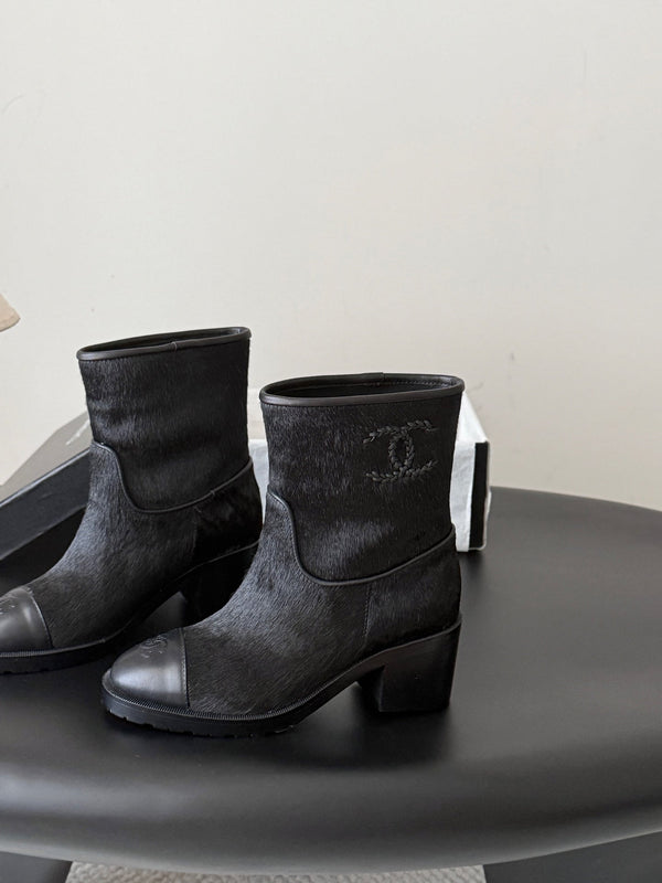 CC 26s Embroidered Logo Ankle Boots Black Pony Hair 127784