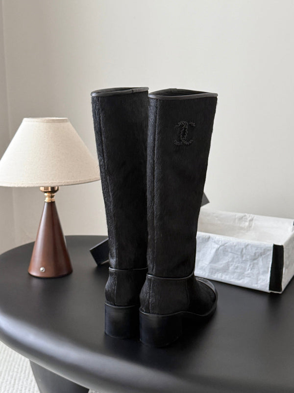 CC 26s Embroidered Logo Knee High Boots Black Pony Hair 127788