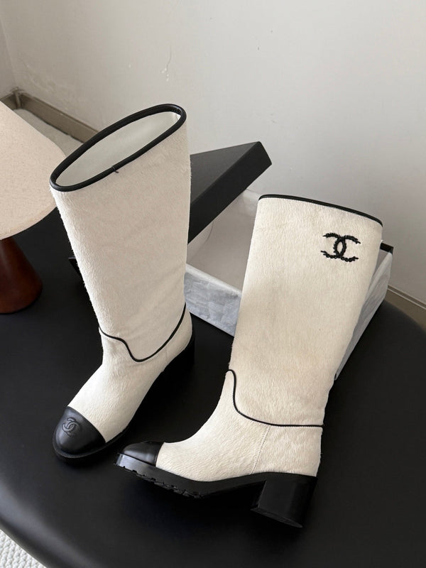 CC 26s Embroidered Logo Knee High Boots White Black Pony Hair 127790