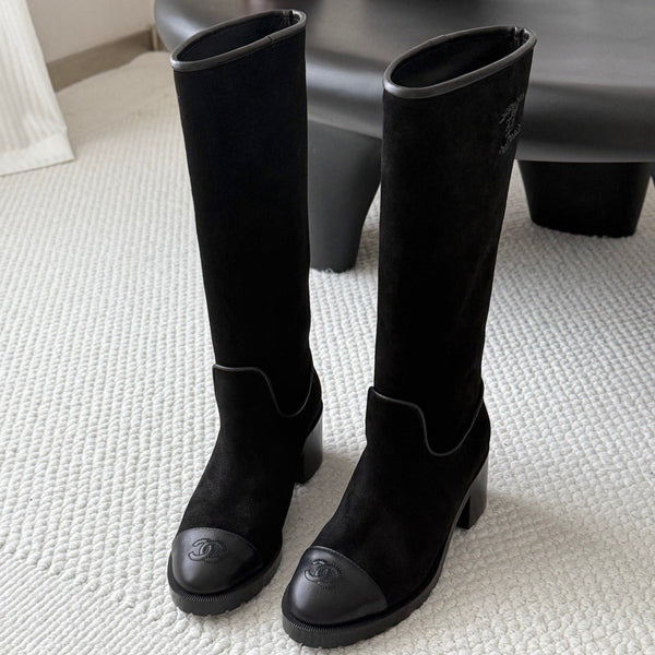 CC 26s Embroidered Logo Knee High Boots Black Suede 127791