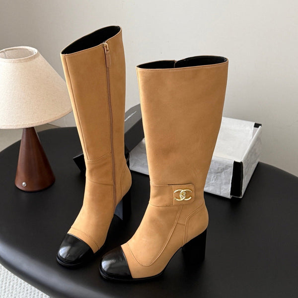 CC 26s Knee High Boots Beige Black Suede 127797