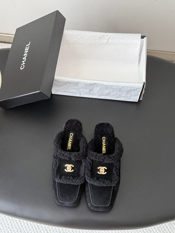 CC 26S Shearling Trim Mules Black Gold Suede 127800