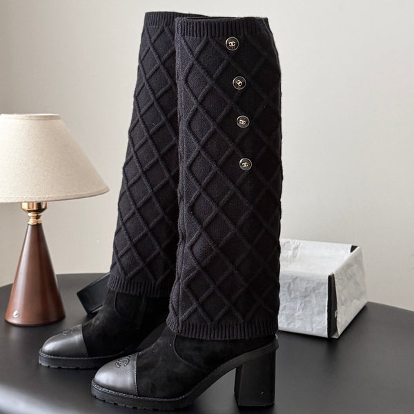 CC 26s Knit Leg Warmer Knee High Boots Black Suede 127816