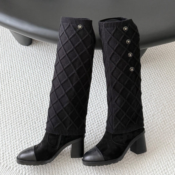 CC 26s Knit Leg Warmer Knee High Boots Black Suede 127816