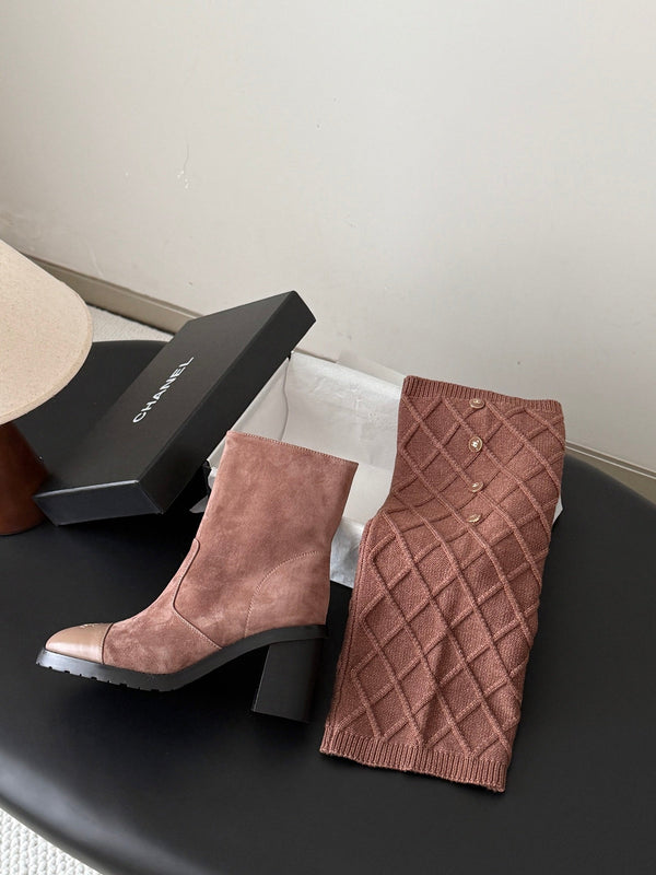 CC 26s Knit Leg Warmer Knee High Boots Brown Suede 127817