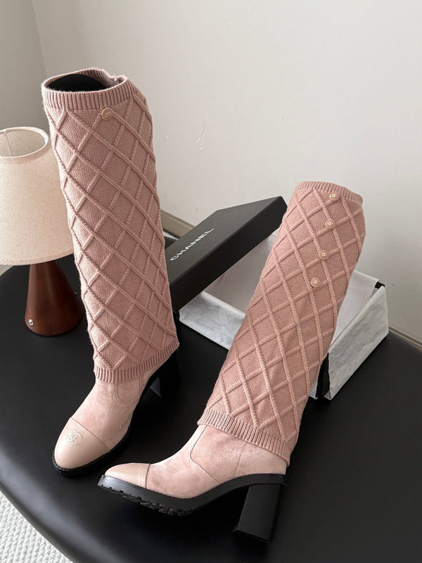 CC 26s Knit Leg Warmer Knee High Boots Beige Pink Suede 127818