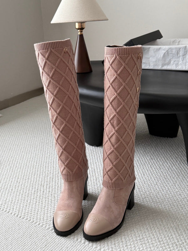 CC 26s Knit Leg Warmer Knee High Boots Beige Pink Suede 127818