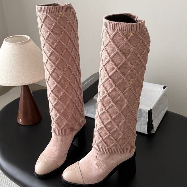 CC 26s Knit Leg Warmer Knee High Boots Beige Pink Suede 127818