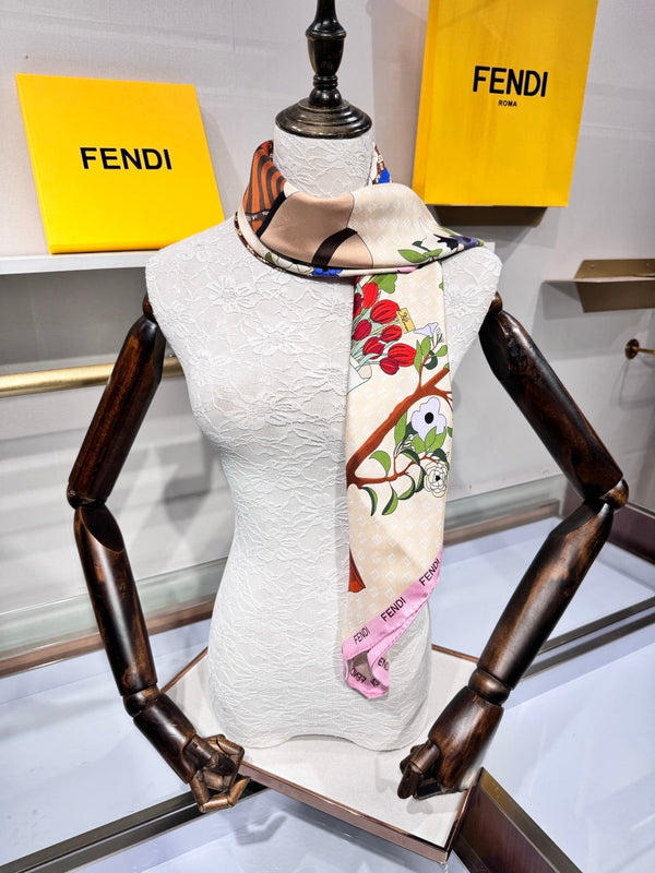 Fendi Gardening Foulard Scarf 90x90 Pink Colorful Silk Twill 204007