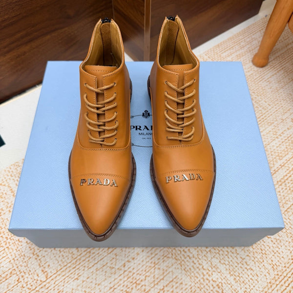 Prad 26s Pointed-Toe Derby Shoes Camel Leather 974553