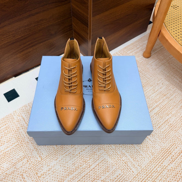 Prad 26s Pointed-Toe Derby Shoes Camel Leather 974553