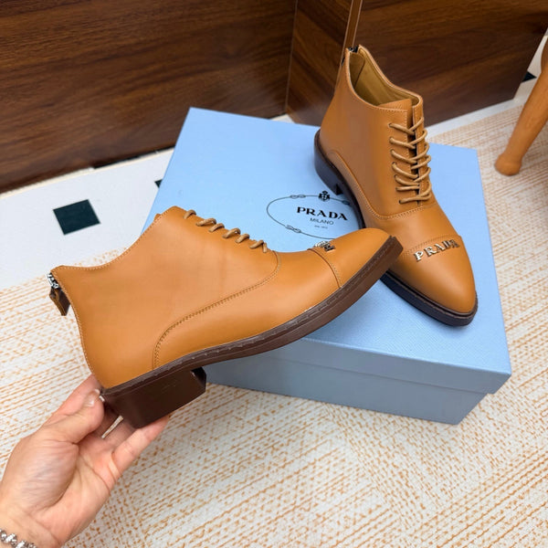 Prad 26s Pointed-Toe Derby Shoes Camel Leather 974553