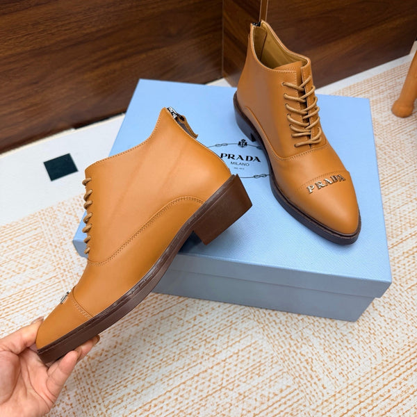 Prad 26s Pointed-Toe Derby Shoes Camel Leather 974553