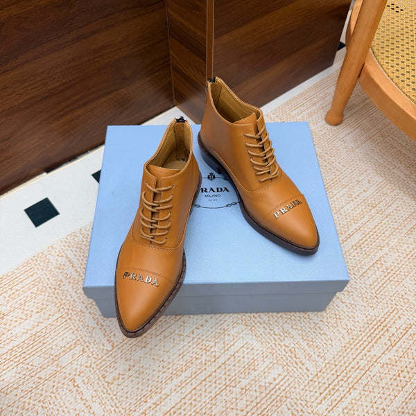 Prad 26s Pointed-Toe Derby Shoes Camel Leather 974553
