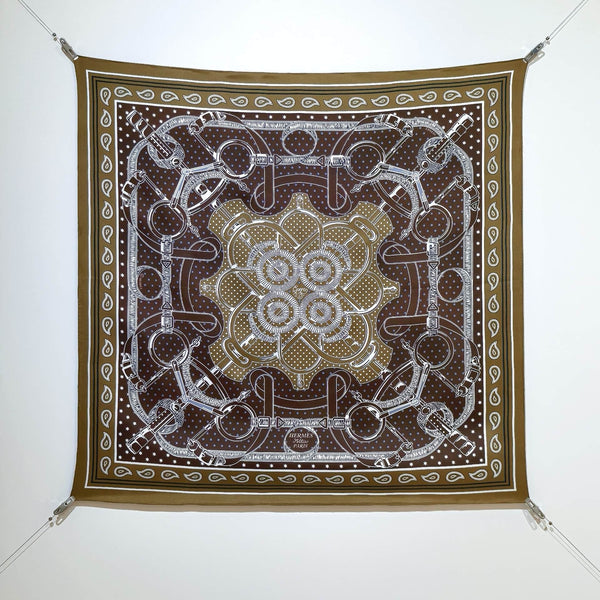 HM Eperon d'Or bandana Scarf 90x90 Brown Colorful Twill Silk 202549