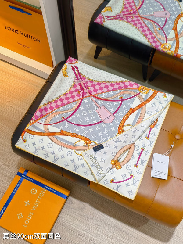 LV Scarf 90cm Creme Rose Fuchsia Twill Silk 136595