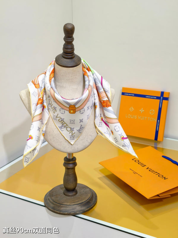 LV Scarf 90cm Creme Rose Fuchsia Twill Silk 136595