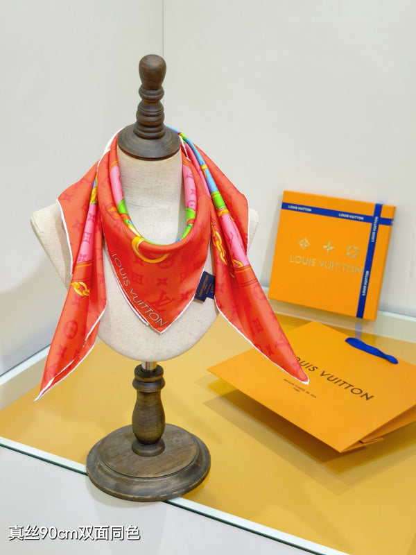 LV Double-sided Scarf 90cm Coral Orange Twill Silk 136589