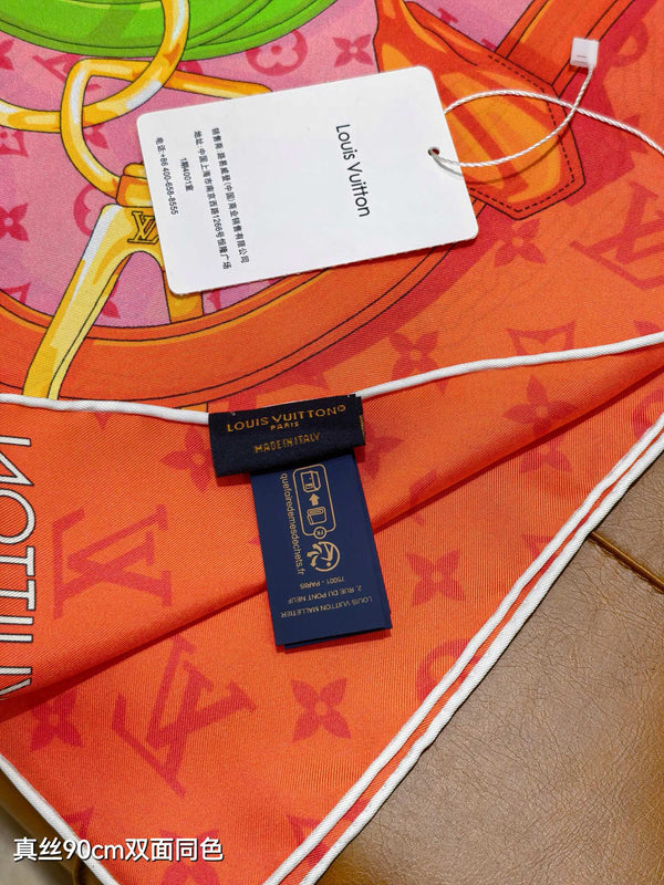 LV Double-sided Scarf 90cm Coral Orange Twill Silk 136589
