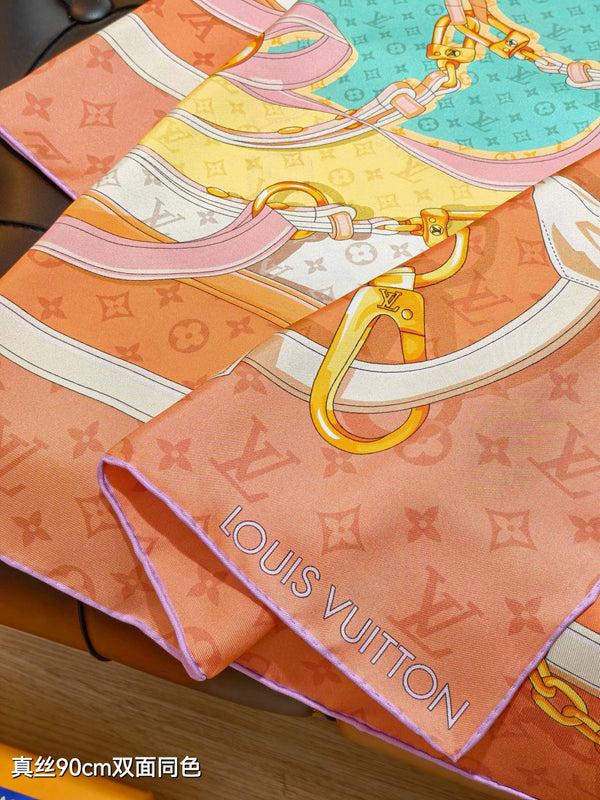 LV Double-sided Scarf 90cm Pink Orange Twill Silk 136590