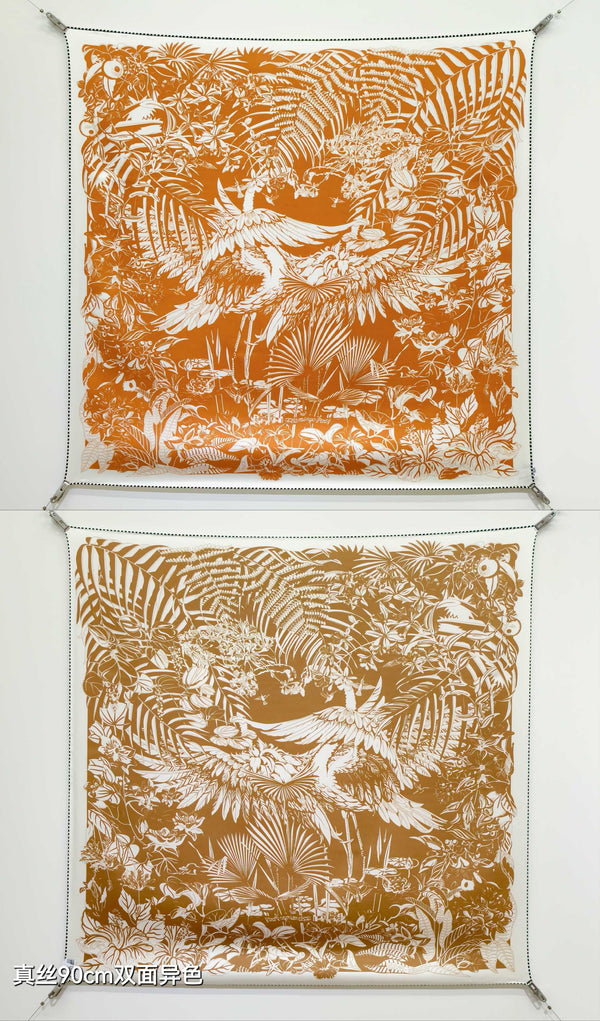 HM Flamingo Party Tattoo Double Face Scarf 90 Orange Brown Twill Silk 194437