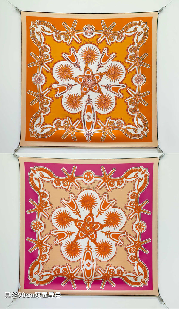 HM Les Eperons Scarf 90x90 Orange Colorful Twill Silk 202554