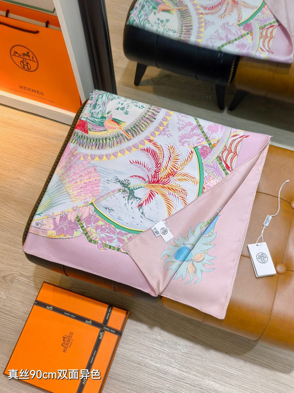 HM 26s Aloha Double Face 90x90cm Scarf Twill Silk 402754