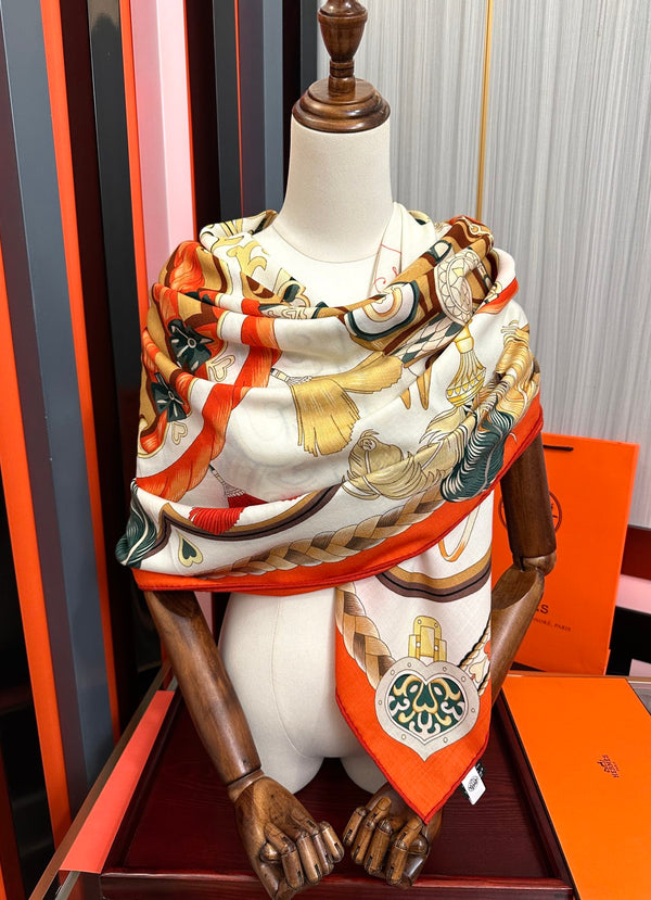 HM 25s Scarf 140cm Orange Beige Cashmere Silk 965623