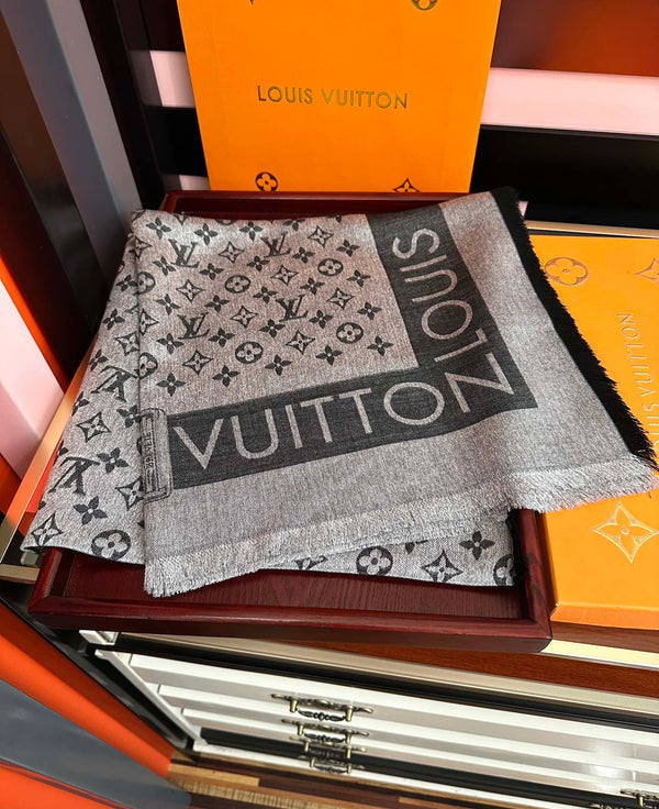 LV Long Scarf 140cm Black Gray Cashmere 967310