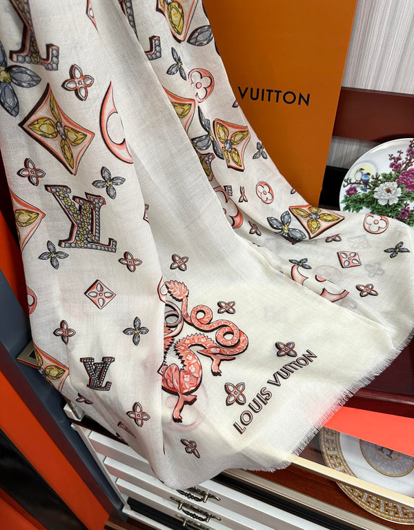 LV Long Scarf 200cm White Pink Yellow Cashmere 967317