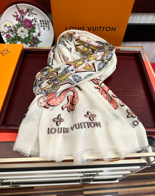 LV Long Scarf 200cm White Pink Yellow Cashmere 967317