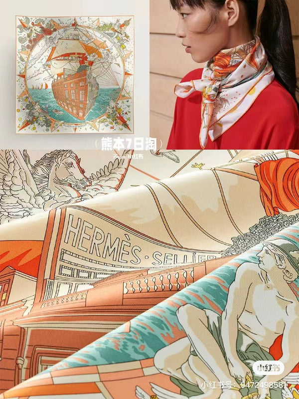 HM 25s Major Scarf 90cm Orange Beige Blue Cashmere 972937